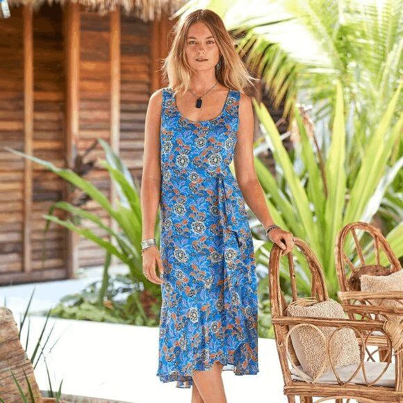 Sundance Women's Cascading Dreams Midi Dress size Small Blue Orange Floral - Picture 1 of 8